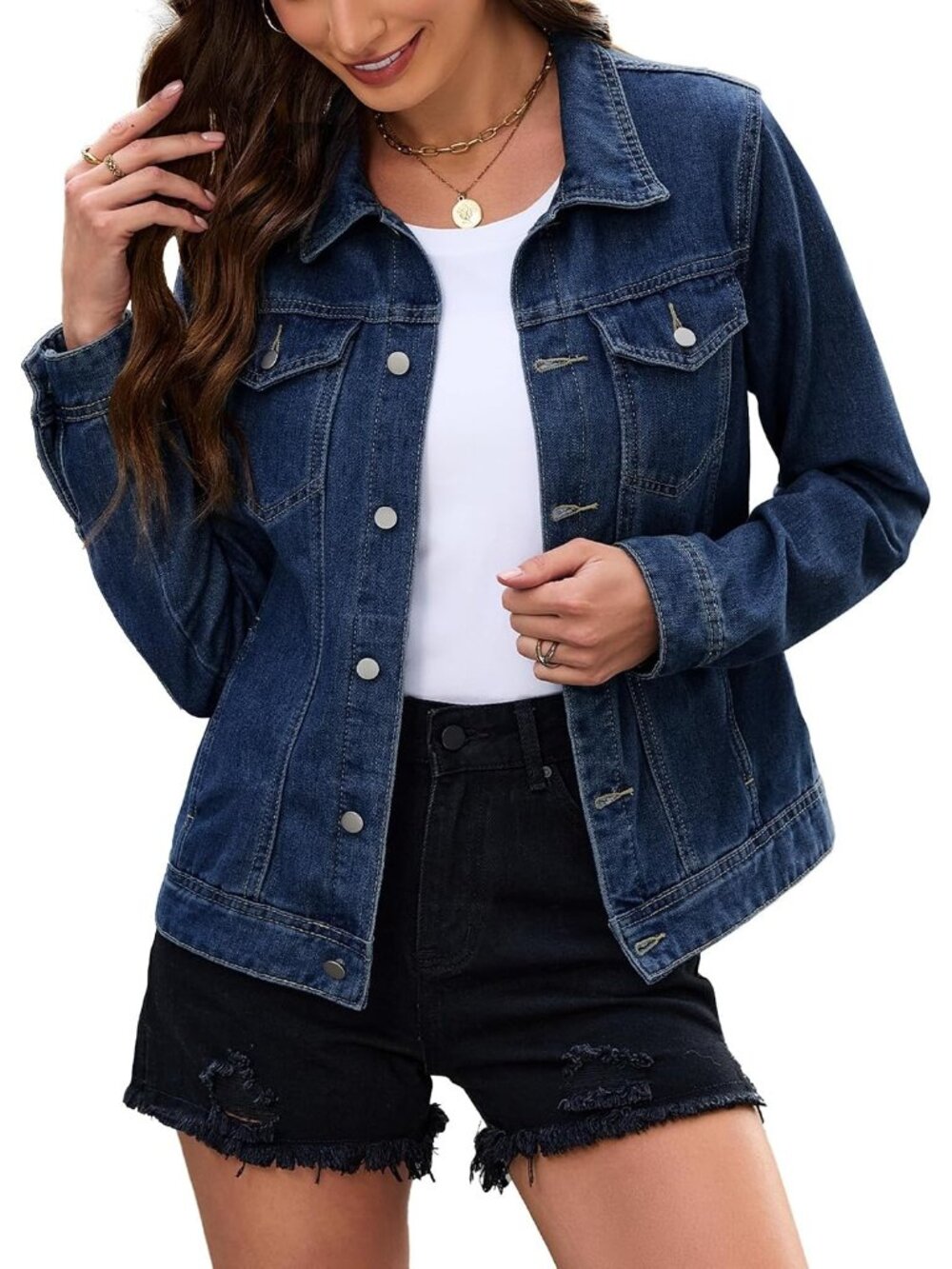 Women's Dark Blue Long Sleeve Button Down Fitted Cropped Denim Jeans Jacket Coat